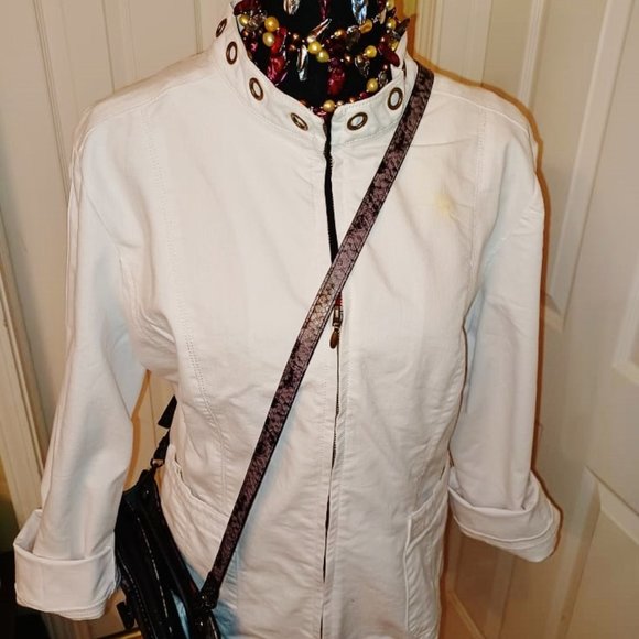 OSO Casuals White DENIM Spring Bomber Jacket w/ Metal Rings XL Orig $120+Tax NWD - Picture 2 of 11